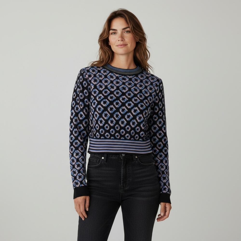 Diane von Furstenberg Merino Wool Blend Cropped Metallic Printed Sweater - Picture 7 of 13